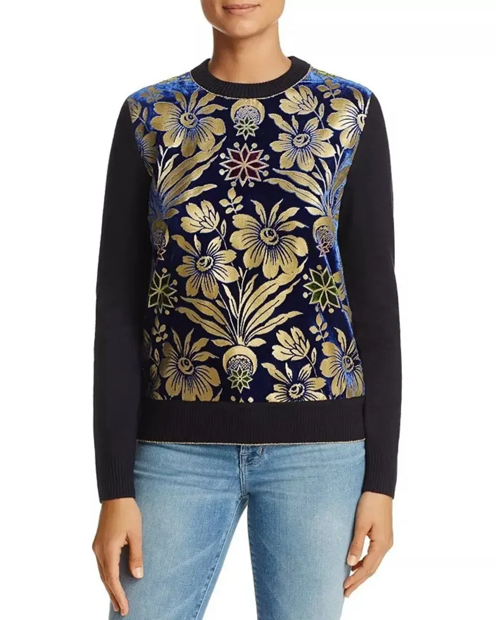 Tory Burch Hollis Floral Foil Print Velvet Front Navy Crewneck Sweater Size XL